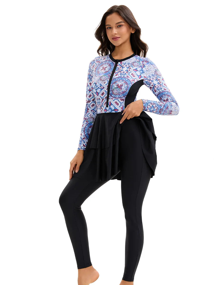Women's  Rash Guard One-Piece Full Coverage Swimwear - Integrated Long-Sleeve Vintage Pattern + Double Ruffled Skirt Style, Full Coverage