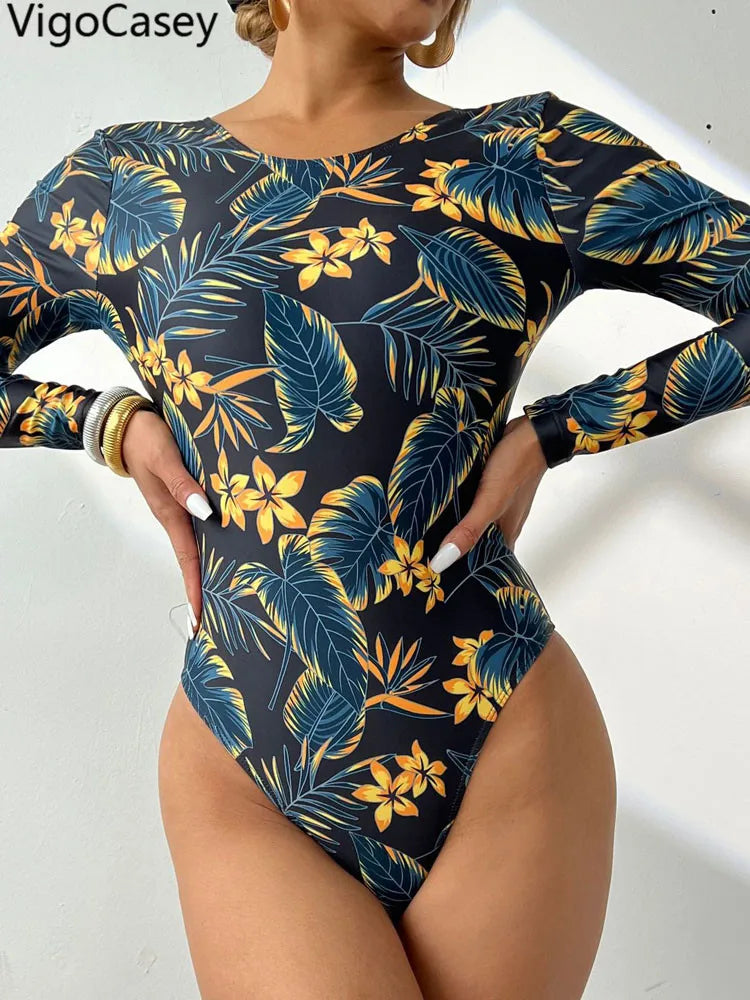 Tropical Print Long Sleeve Swimwear Women Backless Hollow One Piece Swimsuit Monokini Brazilian Beach Bathing Suit