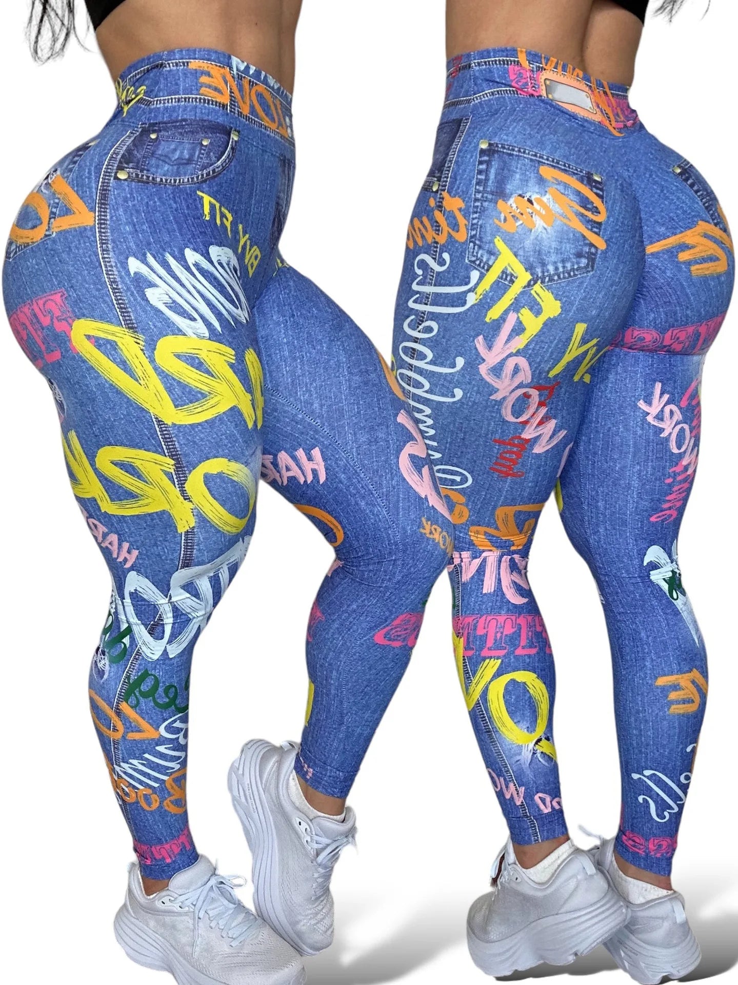 Women Semales Slim Legging Imitation Denim Printed High Waist Yoga Pants