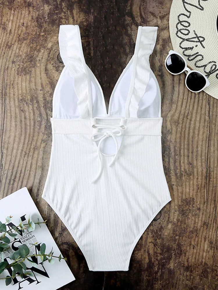 Ruffle Swimsuit One Piece Solid V-neck Backless Swimwear Women Bathing Swimming Swim Suit Female Padded Beach Wear Summer