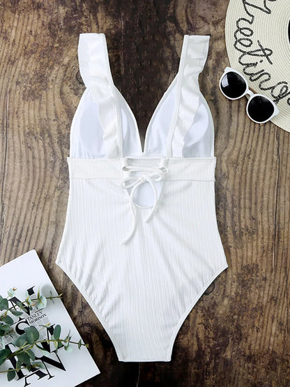 Ruffle Swimsuit One Piece Solid V-neck Backless Swimwear Women Bathing Swimming Swim Suit Female Padded Beach Wear Summer