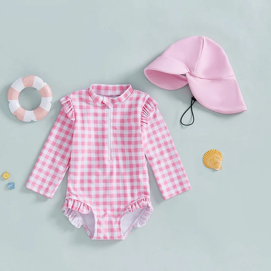 Plaid Print Girls Swimwear Summer Kids Swimsuit with Hat Zip Up Long Sleeve Crew Neck Baby Girls Swimming Suit