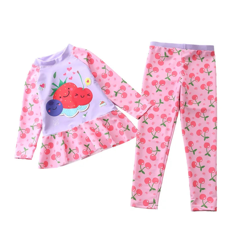 Swimsuit for Girls Long Sleeve Ruffles Girls Swimwear Cartoon Print Separate Bathing Suit Kids 2 Pcs Beach Surfing Swimming Wear