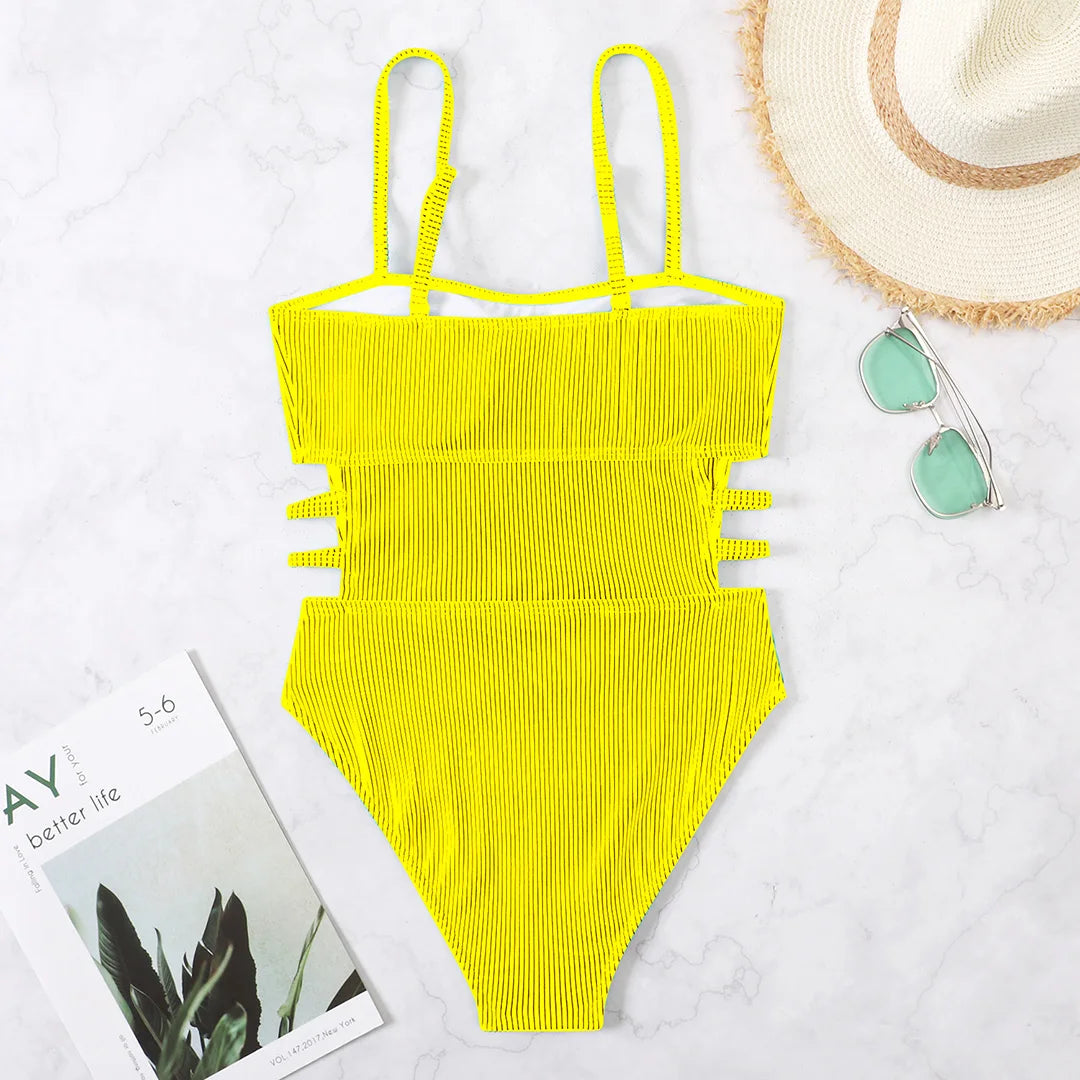 S - XL 11 Colors Ribbed Cut Out One Piece Swimsuit Women Swimwear Female High Leg Cut Padded Bather Bathing Suit Swim Lady