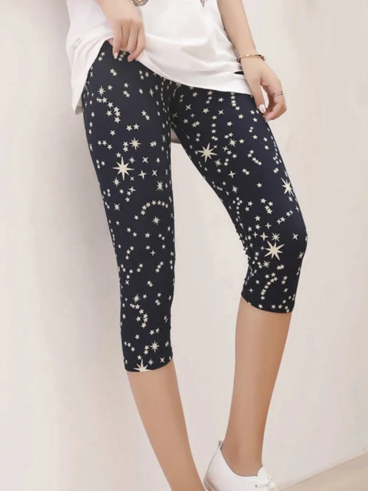 Workout Leggings Print Capris Women Push Up High Waist Pants Sportswear Short Trousers Black Fitness Legging