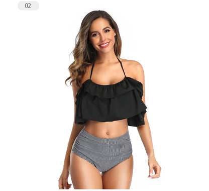 Swimwear Women Halter Ruffle Bikinis High-Waist Split Two-Piece Off Shoulder Swimsuit Pool Beachwear Bathing Suit Plus Size XXL