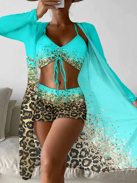 3 Pieces High Waist Bikini Printed Swimsuit Women & Kimono Swimwear Female Bather Bathing Swimming Swim Suit Beachwear