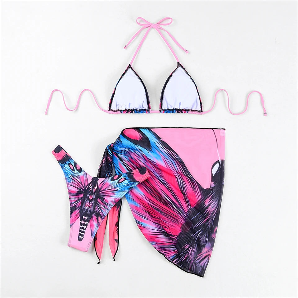 3 Pieces Bikini With Beach Skirt Butterfly Print String Bathing Suit Women Swimwear Female Swimming Swimsuit