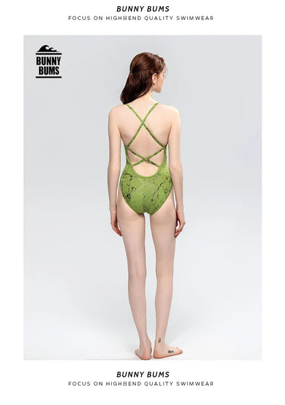 Green Pattern One-piece Swimsuit Women Quick-drying Chlorine Resistant Swimsuit