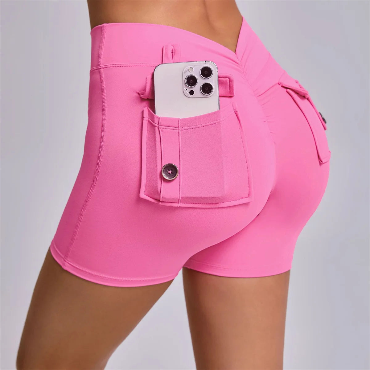 Deep V Back Yoga Shorts Women Pocket Scrunched Butt Gym Leggings High Waist Push Up Tights Booty Sports Shorts Fitness