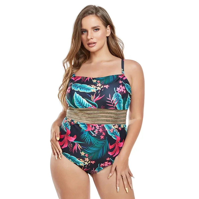Flower Print  Plus Size Swimwear Women Push UP Lady Large One Piece Swimsuit Brazilian Beach  Bathing Suit