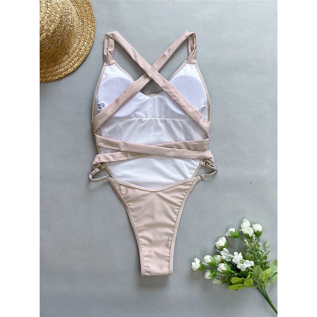 Splicing V Neck Cross Back Women Swimwear One Piece Swimsuit Female High Leg Cut Monokini Bather Bathing Suit Swim