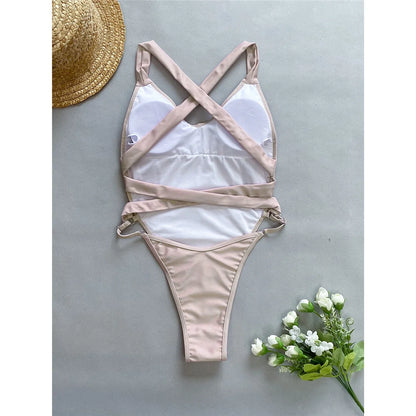 Splicing V Neck Cross Back Women Swimwear One Piece Swimsuit Female High Leg Cut Monokini Bather Bathing Suit Swim