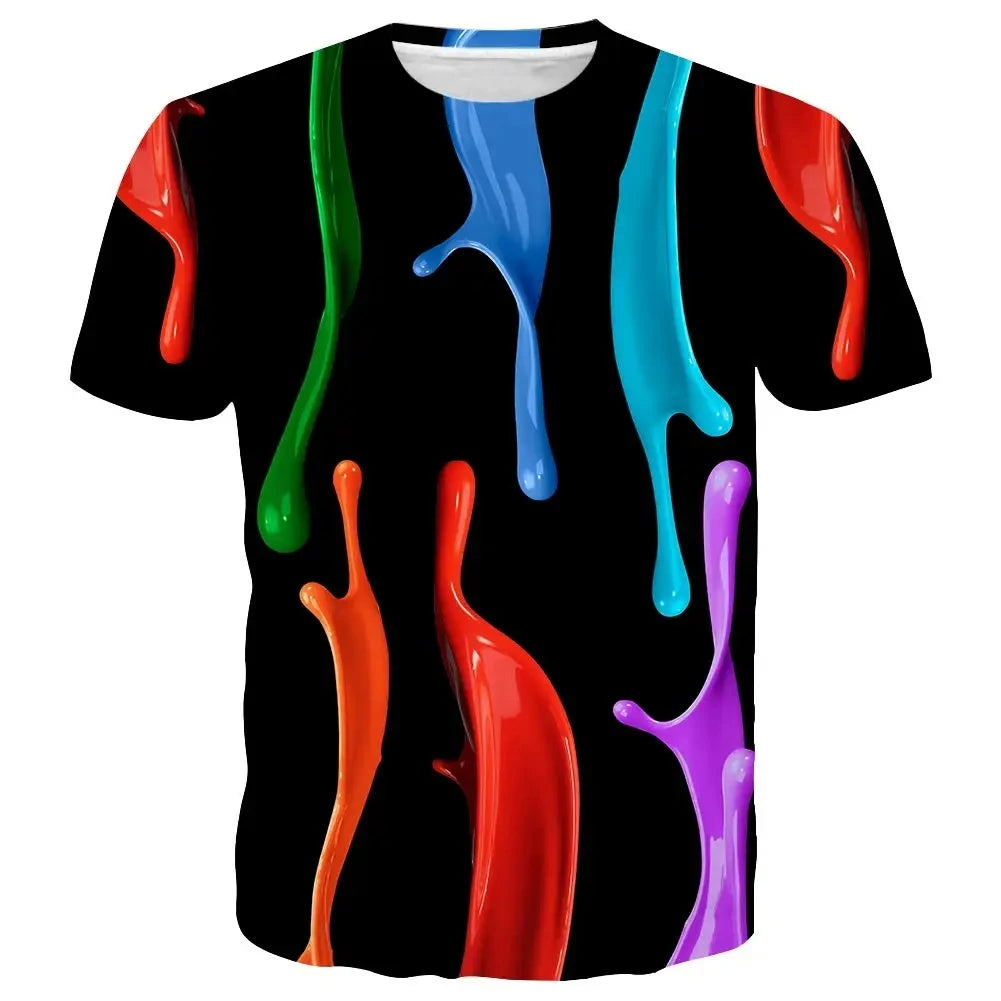 Rainbow Paint Splash Men's Printed T-shirt Hip Hop Street Fashion Harajuku Round Neck Comfortable Short Sleeve Top