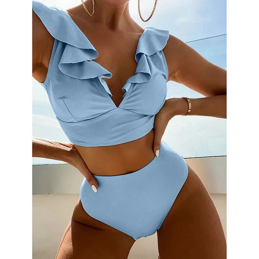 High Waist Bikinis Set Ruffle Shoulder Plunging Swimwear Women Bathing Suit Summer Beachwear