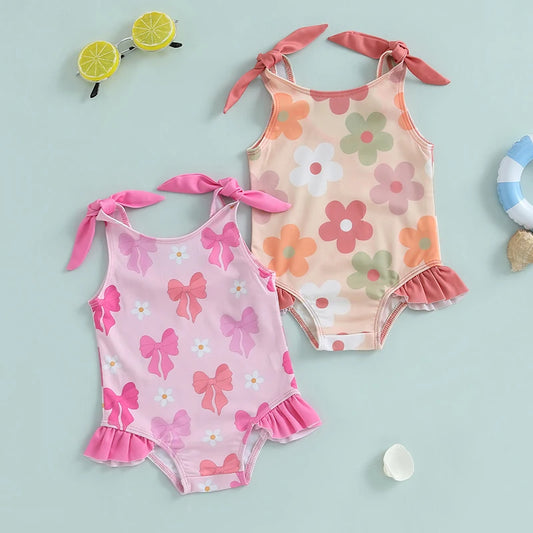 Toddler Infant Baby Girl Sleeveless Swimsuit Floral Print Romper Swimwear U-Neck Bathing Suit Ruffled Beachwear