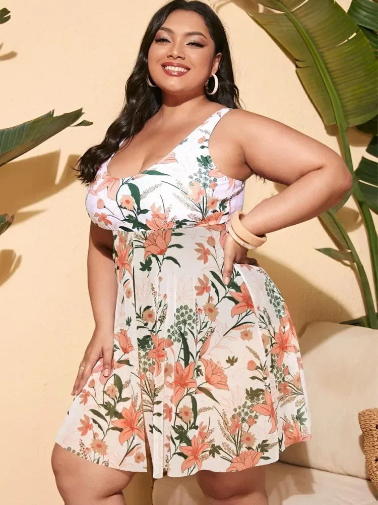 Plus Size Swim dress Swimwear Women Print Bikini One Piece Swimsuit Summer Beach Wear Bathing Suit Conservative Tankini 5XL