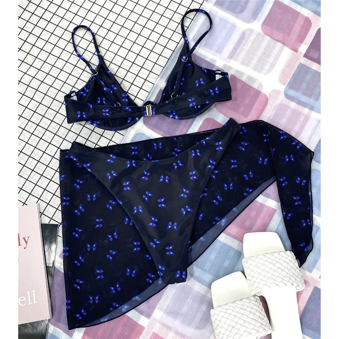 Butterfly V-bar Underwire Bikini Female Swimsuit Women Swimwear Three-pieces Bikini set Sarong Bather Bathing Suit Swim
