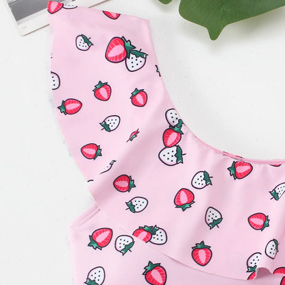 Girls Ruffle Bikini Two Pieces Swimsuit Kids Cat Footprints One Shoulder Children's Swimwear 7-12Years Bathing Suit