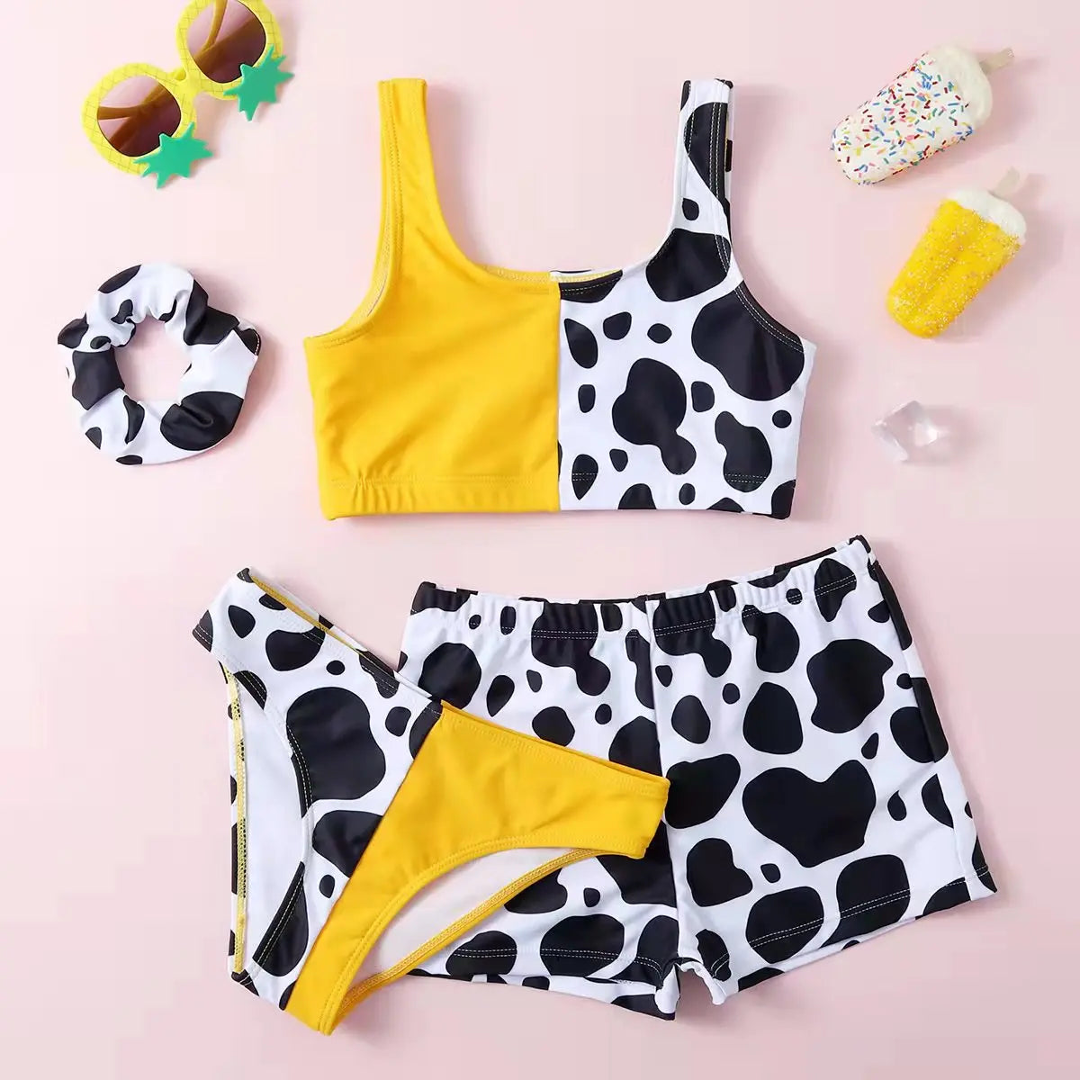 Girls 3 piece Cow Print Bikini with Cover Shorts Swimsuit Kids 7-12 Years Children's Swimwear Colorblock Bathing Suits Teens