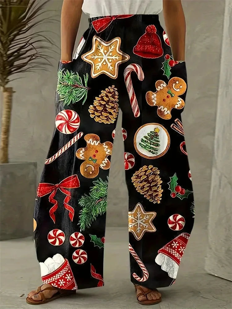 Women's Wide Leg Pants Christmas Tree Printed Trousers Women's Casual Christmas Gifts Elegant And Exquisite Pants