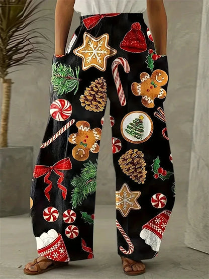 Women's Wide Leg Pants Christmas Tree Printed Trousers Women's Casual Christmas Gifts Elegant And Exquisite Pants