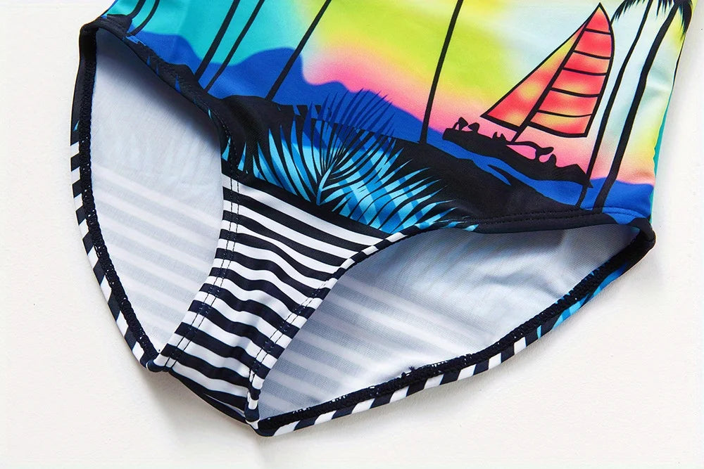 A girl's swimsuit with a fruit pattern, suitable for children aged 2-11. Chest Pad