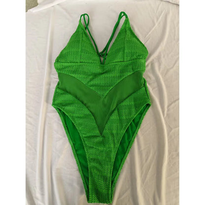 S - XXL 5 Colors V Neck Mesh Sheer Women Swimwear One Piece Swimsuit Female High Leg Cut Monokini Bather Bathing Suit Swim