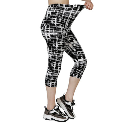 Women's Summer Capris Elastic Waist Leggings Abstract Plaid Printed Leggings Fitness Breathable Sports Pants