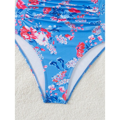 S - XL Flowers Printed Floral Wrinkled One Piece Swimsuit Women Swimwear Female High Leg Cut Bather Bathing Suit Swim