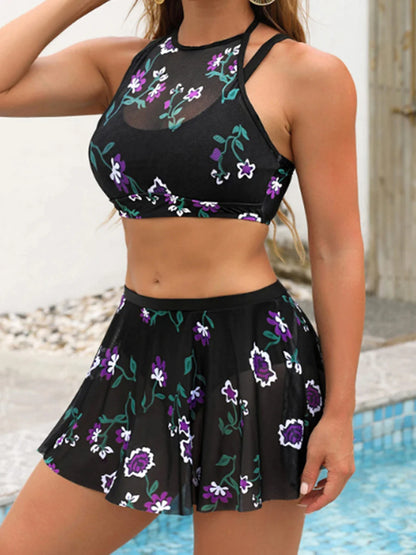 Floral Printed Two Pieces Swimsuit Women  Halter Swimwear Skirt Female Bathers Bathing Swimming Suit Beachwear Summer