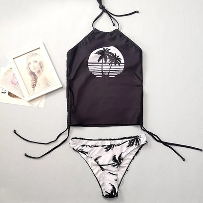 Solid Print Tankini Set Tied Halter Swimsuit Women Swimwear Biquinis Summer Backless Beach Bathing Suit