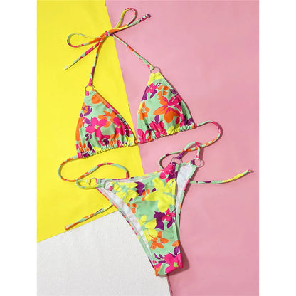 Colorful Flowers Printed Halter Bikini Female Swimsuit Women Swimwear Two-pieces Bikini set Bather Bathing Suit Swim