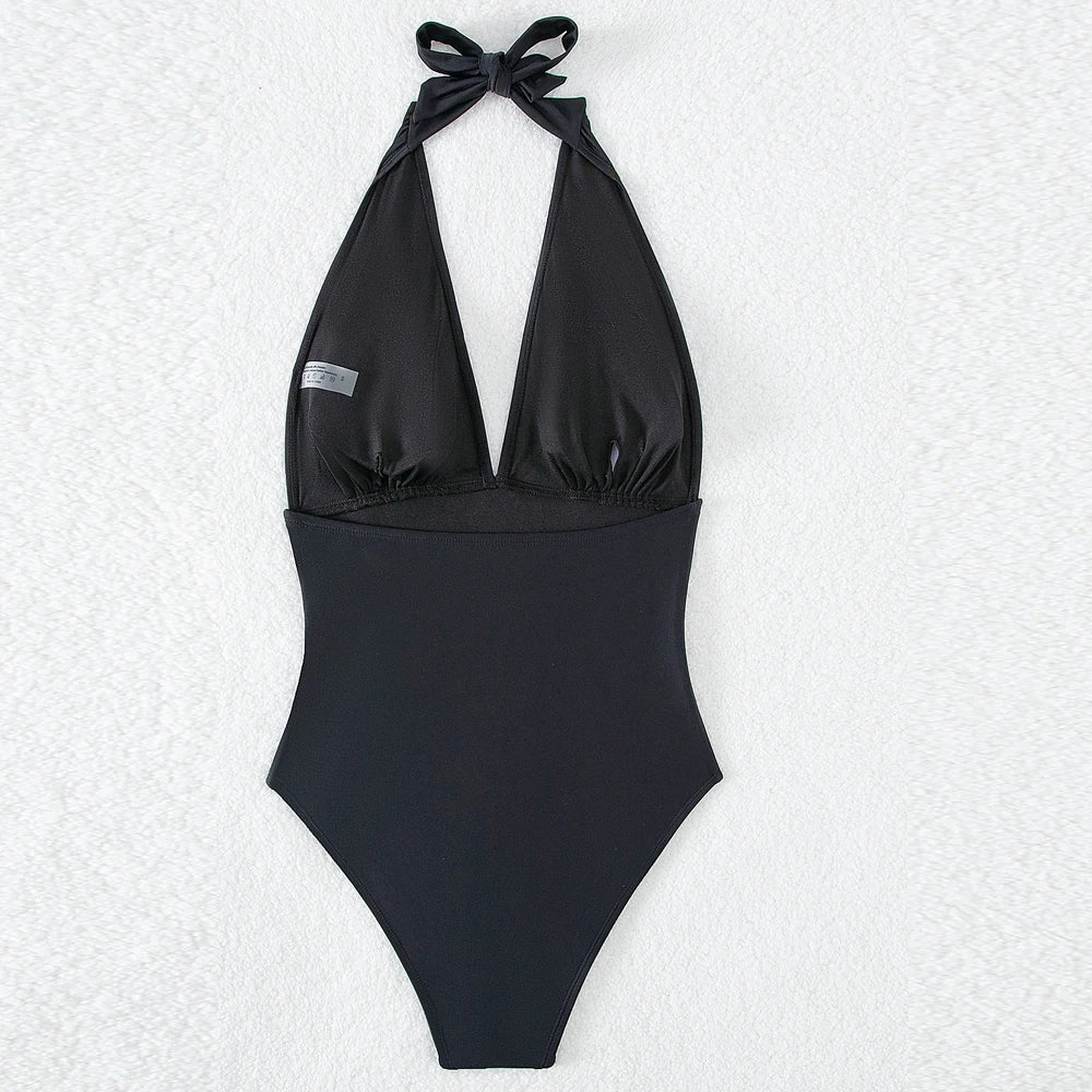Solid Halter Tied Swimwear Women V Neck Push UP High Cut Swimsuit One Piece Backless Summer Bathing Suit