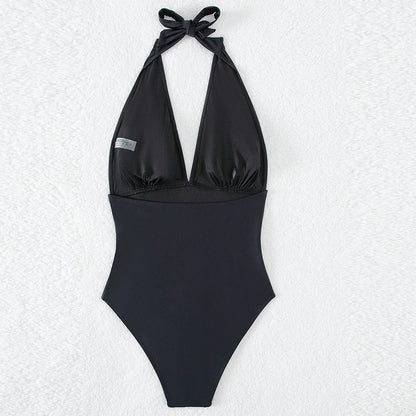Solid Halter Tied Swimwear Women V Neck Push UP High Cut Swimsuit One Piece Backless Summer Bathing Suit