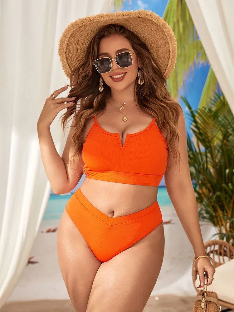 Solid Strapped 2 Piece Plus Size Bikini Set Women High Waist Curvy Swimsuit Lady Push Up Beach Big Bathing Suit