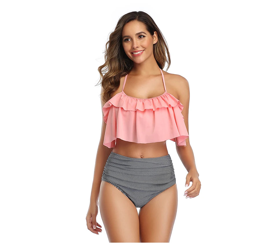 Swimwear Women Halter Ruffle Bikinis High-Waist Split Two-Piece Off Shoulder Swimsuit Pool Beachwear Bathing Suit Plus Size XXL