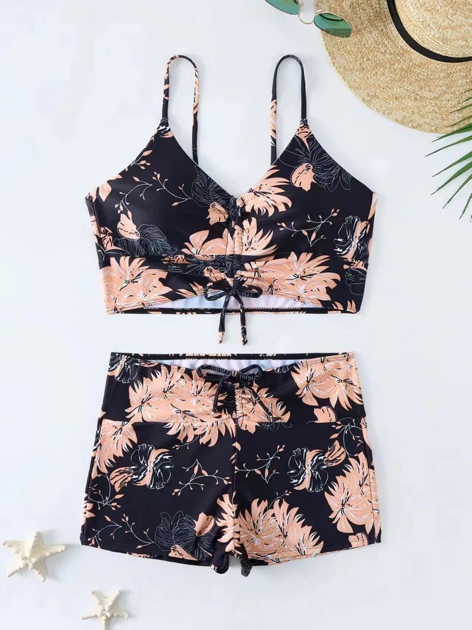 High Waist Bikini Swimsuit Women Floral Print Drawstring Front Shorts Swimwear Trunks Pool Bathing Suit Padded Beachwear