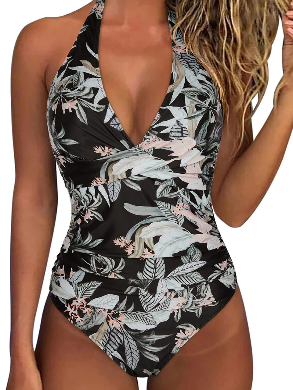 Halter Swimsuit Women One Piece Printed Cross Smocked Swimwear Female Bodysuit Bathing Swimming Suit Padded Beachwear