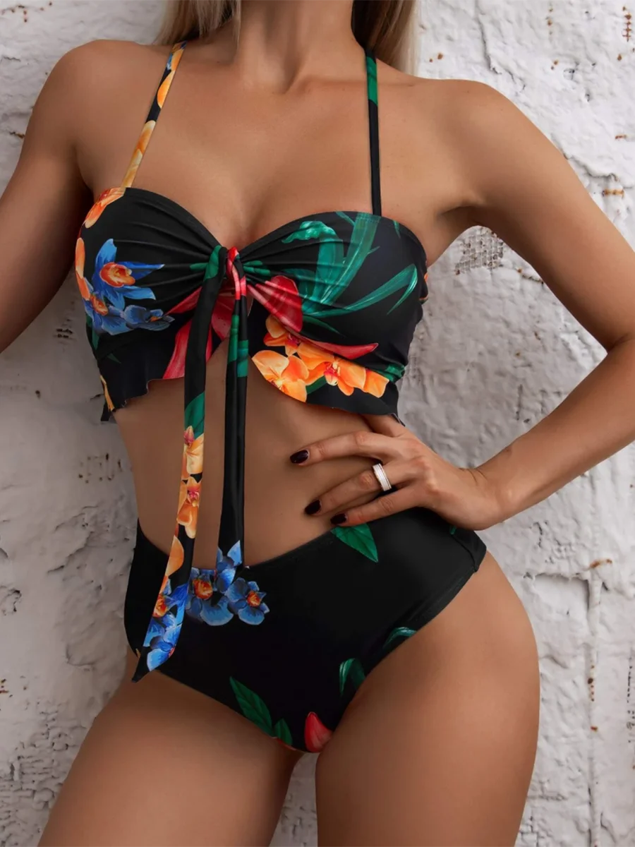 3 Pieces Floral Print Knot Front Bikinis Women Ruffle Swimwear Female High Waist Swimsuit With Beach Skirt Bathing Suit