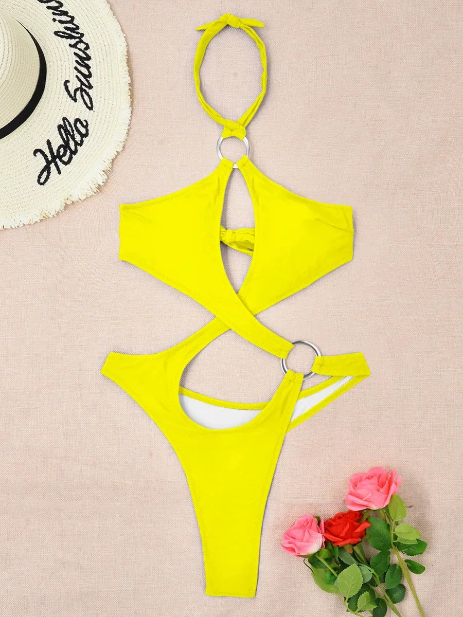 Tummy Cut Out Halter Women Thong Swimwear One Piece Swimsuit Female High Cut Monokini Rings Bathing Suit Swim Beach Wear