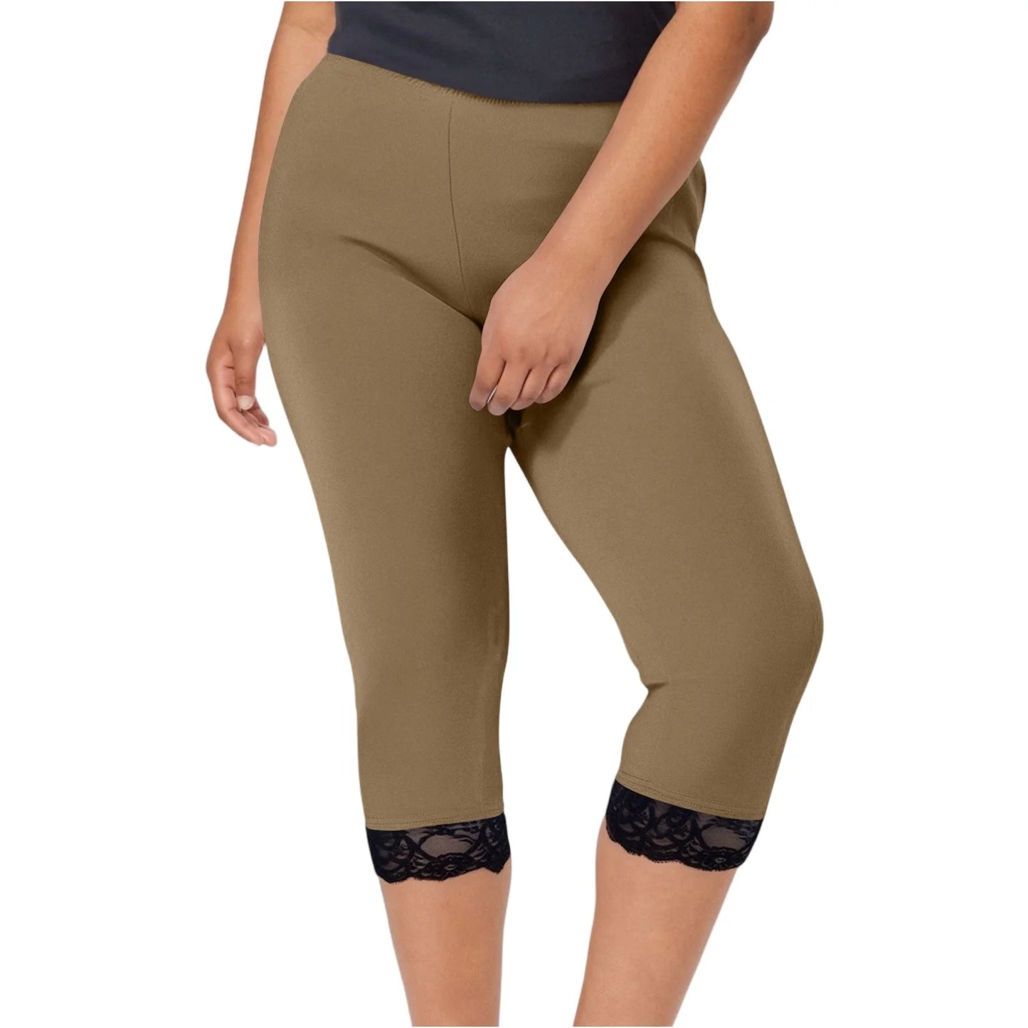 Plus size yoga pants women's fashion large solid color lace splicing bottom pants with elastic waist sports cropped pants