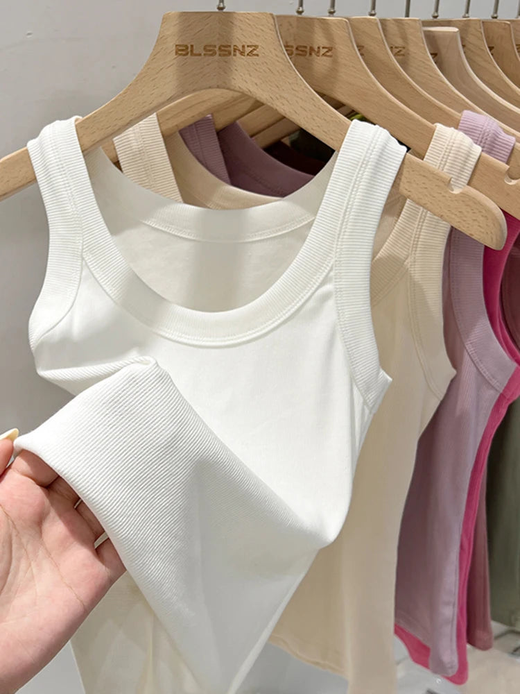 Women Solid Round Neck Ribbed Tank Top Camisole Women  Elastic Tank Top O Neck Solid Tank Top