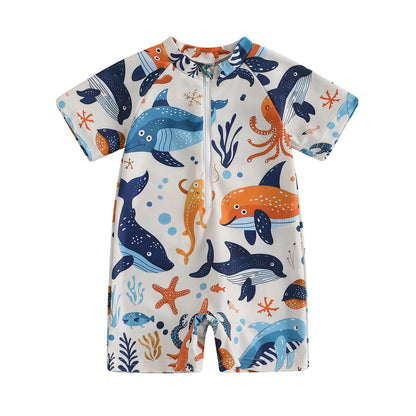 0-3Years Baby Boy Girl Rash Guard Swimsuits Fashion Print Short Sleeve Zip Up Rompers Bathing Suit Toddlers Swimwears Beachwear