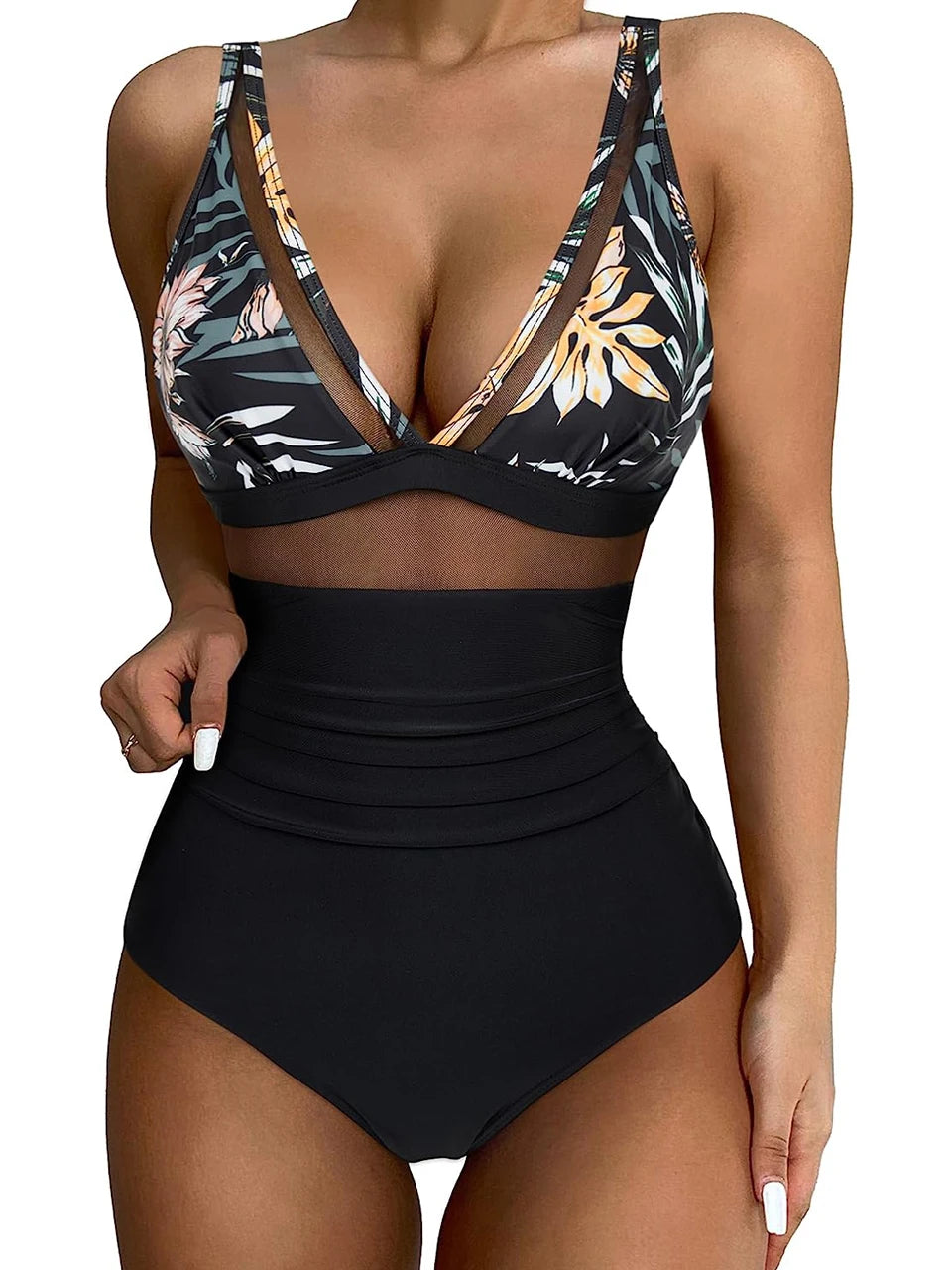 Mesh Panel Swimsuit One Piece High Cut Swimwear Women Solid Bathers Bathing Suit Female Backless Swimming Beachwear