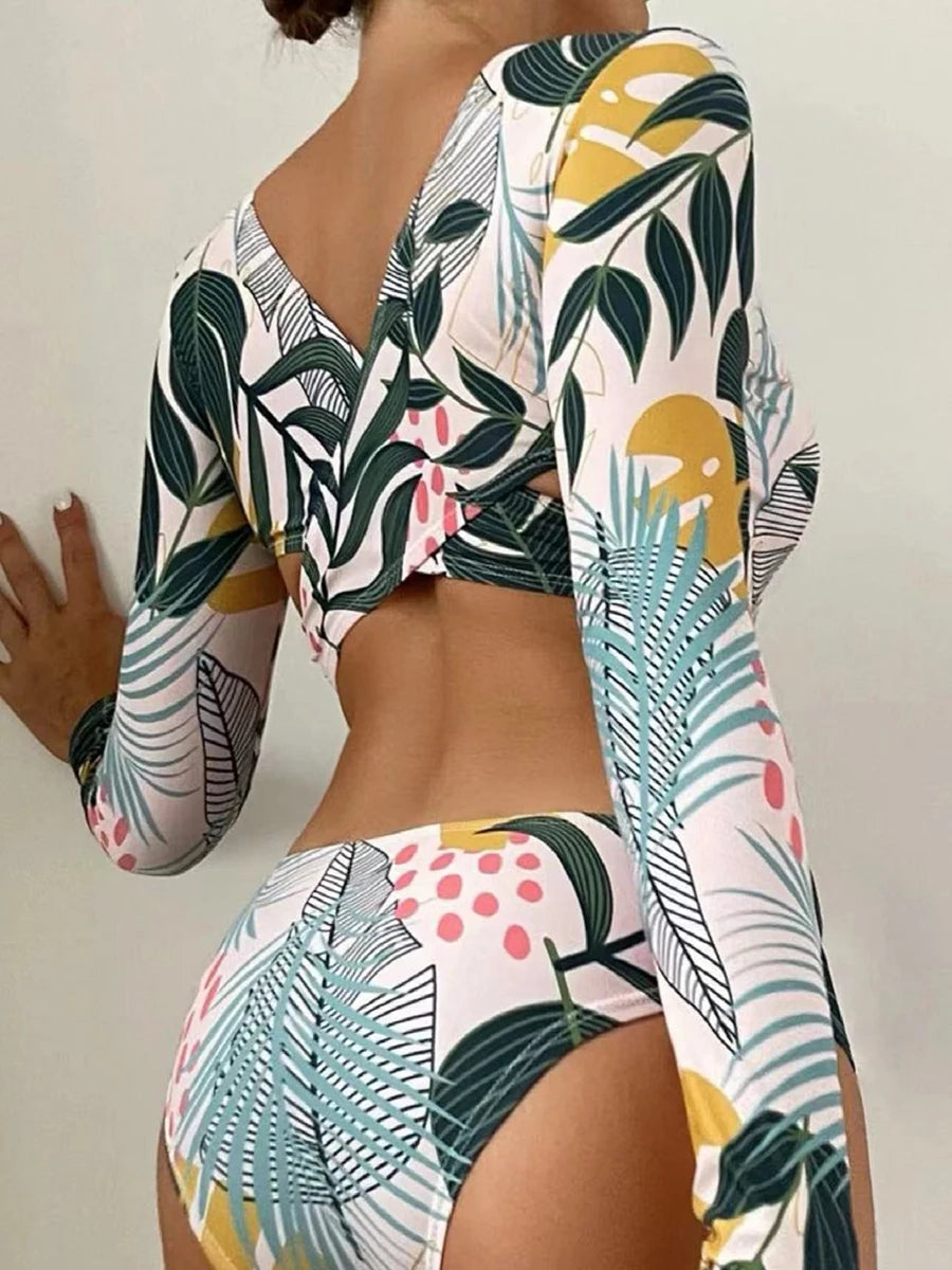 Tropical Leaf Print Long Sleeve Swimsuit One Piece Hollow Out Cross Swimwear Women Bathing Suit Padded Beachwear Swimming Summer