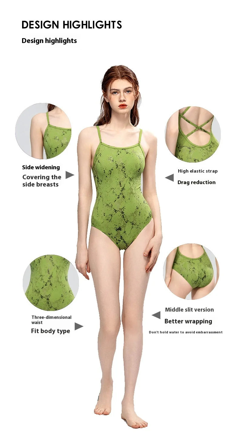 Green Pattern One-piece Swimsuit Women Quick-drying Chlorine Resistant Swimsuit