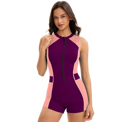 Women One Piece Swimsuit Conservative Modest Sleeveless Tank Swimwear Nylon Spandex Sport Rash Guard Beachwear Bathing Suit