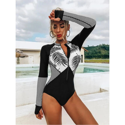Rash Guard One Piece Swimwear Women Swimsuit  Floral Print Long Sleeves Rash Guard Surfing Monokini Bathing Suit Beach