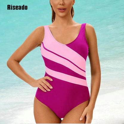 One Piece Swimsuit Women U Back Color Block Print Bathing Suits Athletic Modest Swimwear